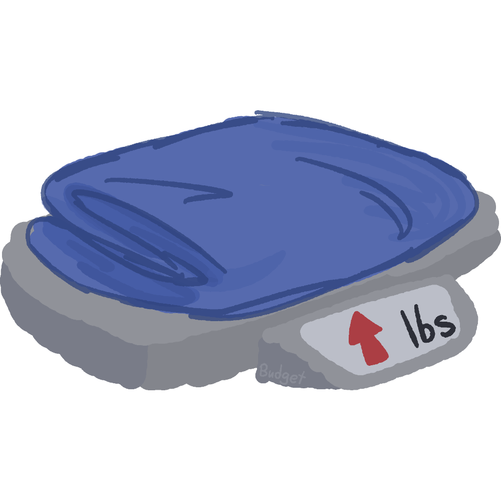 A drawing of a blue folded blanket sitting on a simplistic scale. There is a small display infront of the scale  showing an up arrow along with the abbreviation 'lbs' for pounds, showing that the blanket is weighted